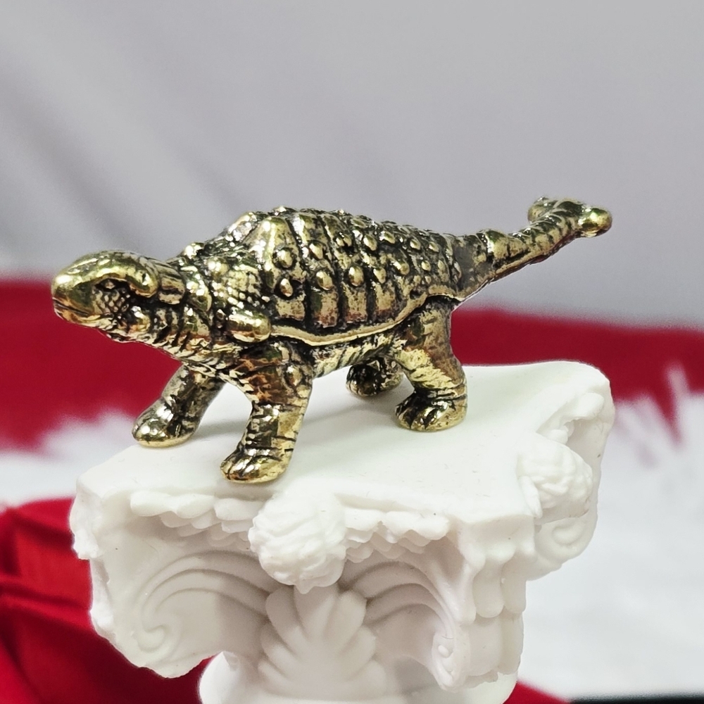 Mini Vintage Brass Ankylosaurus Dinosaur Figurine Gold Collectible Reptile Decor